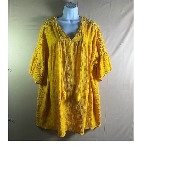 SHEIN Tops - Shein Curve Yellow Smocked TunicTop 1XL Crochet LaceTassel V-Neck Flutter Sleeve